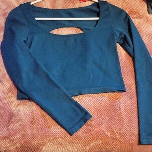 Elegant Blue Long Sleeve Crop Top